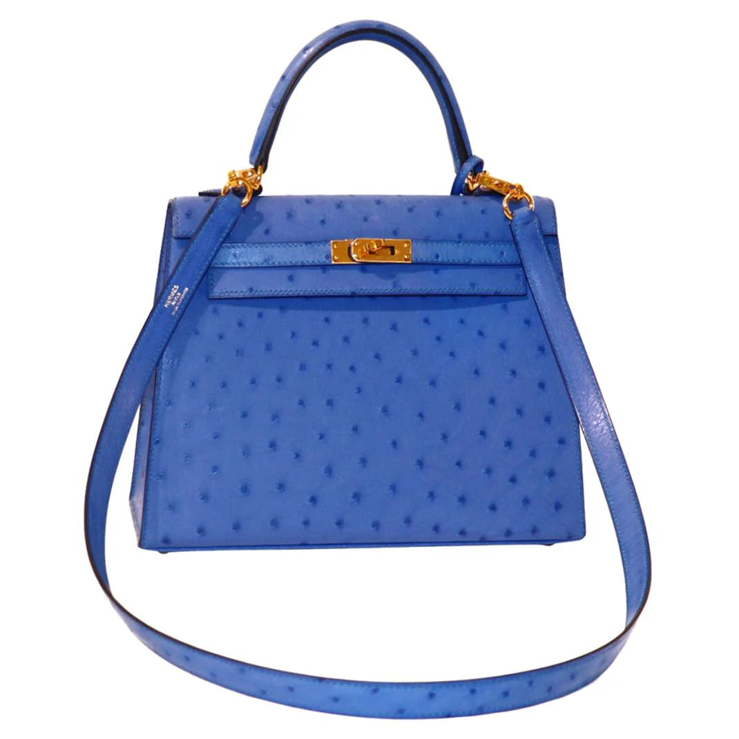 Kelly 25 Sellier Ostrich Bleuet Gold Hardware