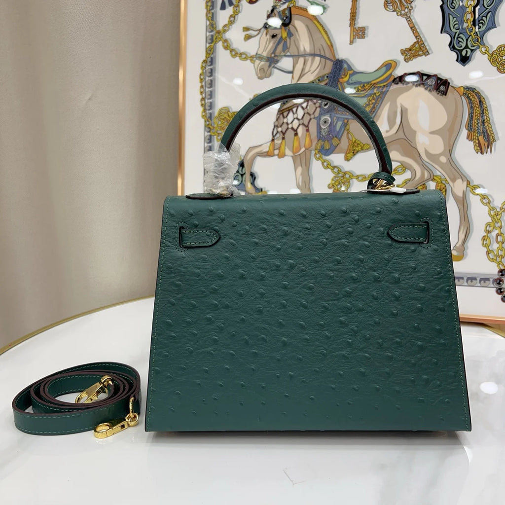 Kelly 25 Vert Ostrich Leather Ostrich Grain Texture Gold Hardware