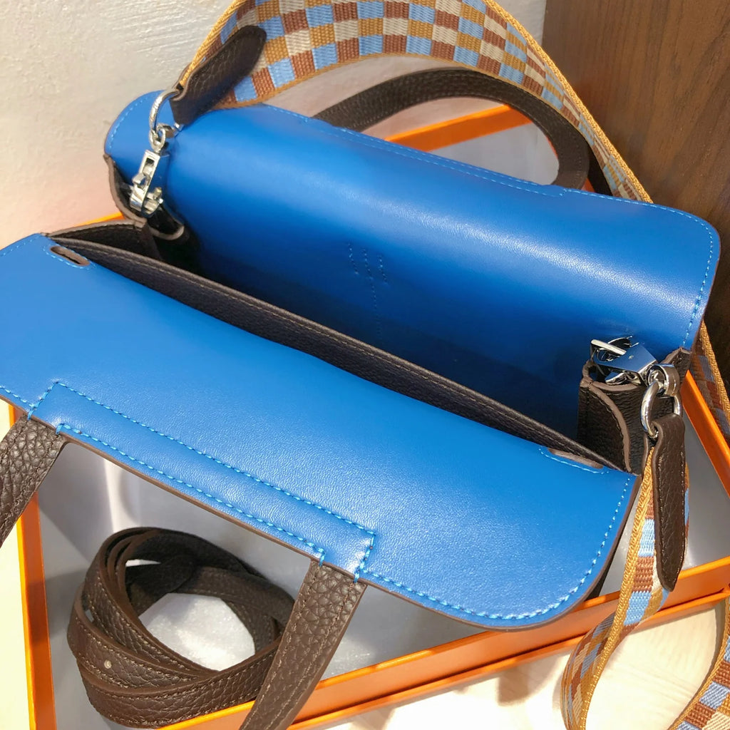 Halzan 25, original TC leather color-block design with silver hardware, ebony blue
