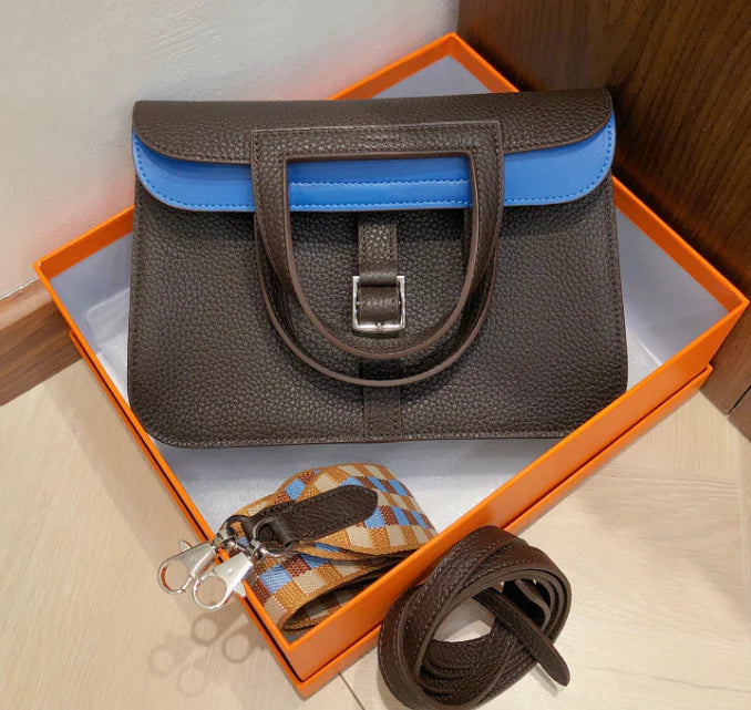 Halzan 25, original TC leather color-block design with silver hardware, ebony blue