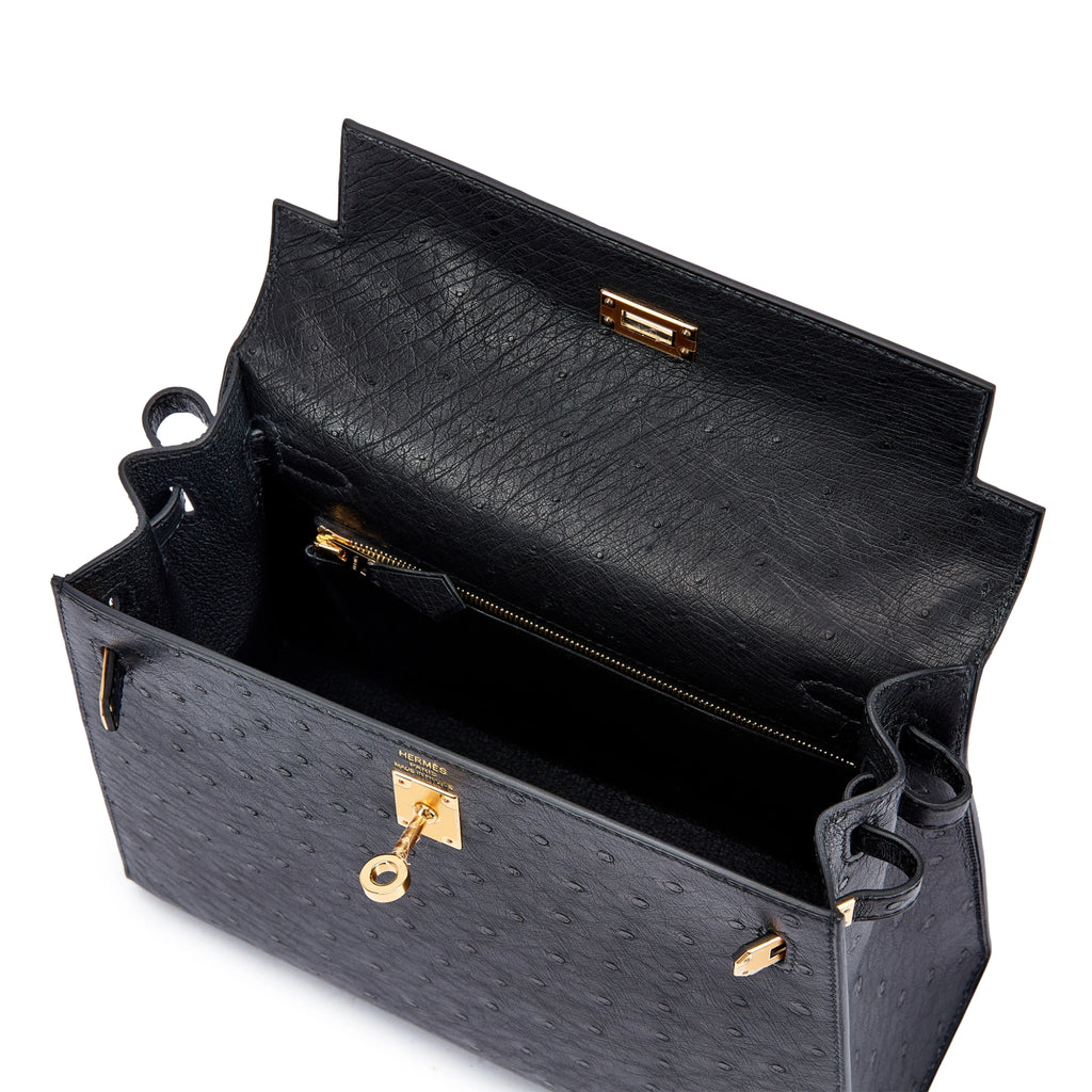 Kelly 25 Sellier Black Ostrich Gold Hardware