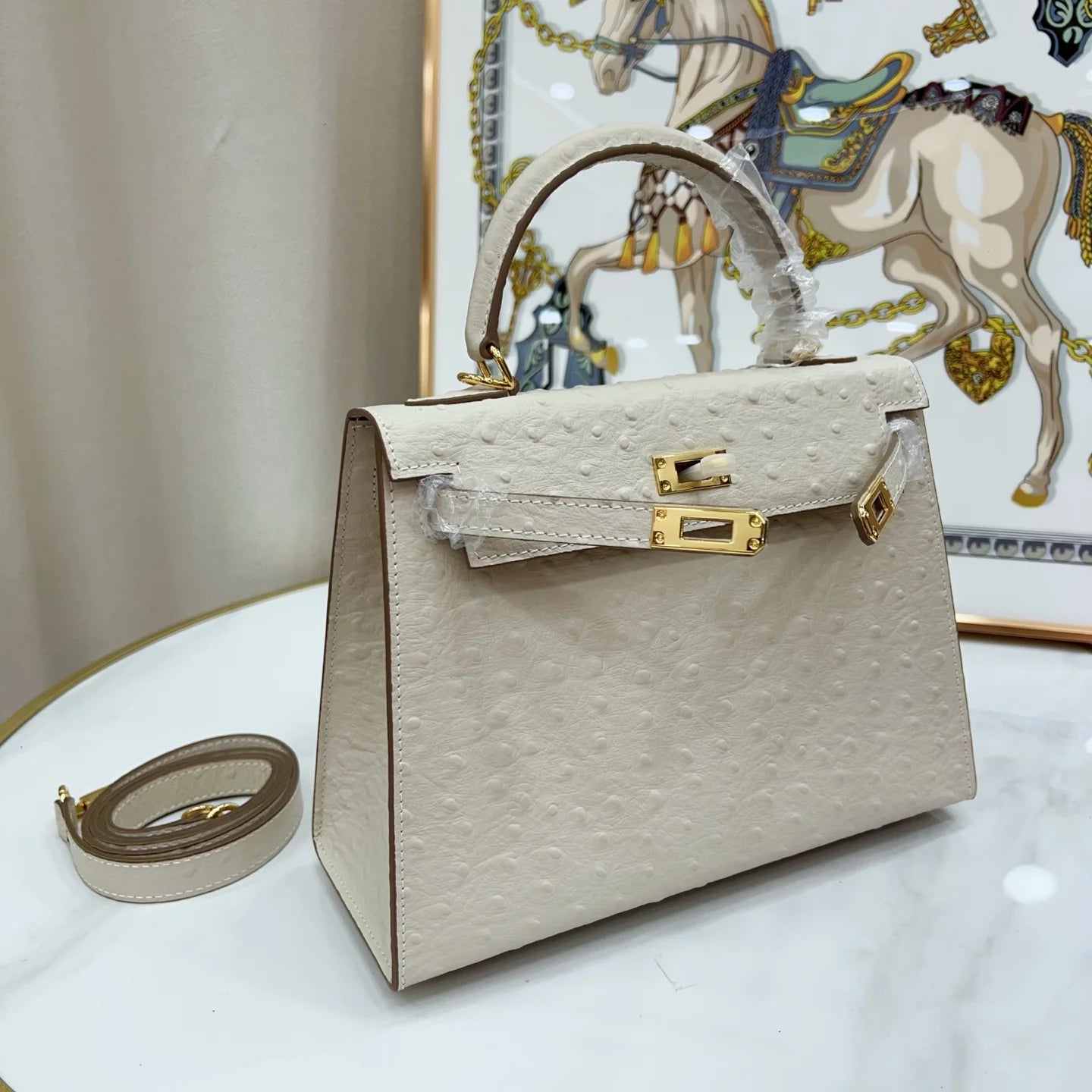 Kelly With Beton Ostrich Sellier Gold Harrdware