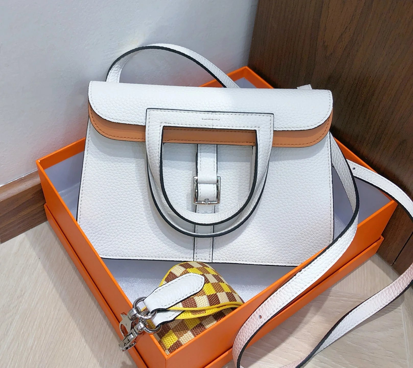 Halzan 25, original TC leather color-block design with silver hardware, crescent white and cookie color