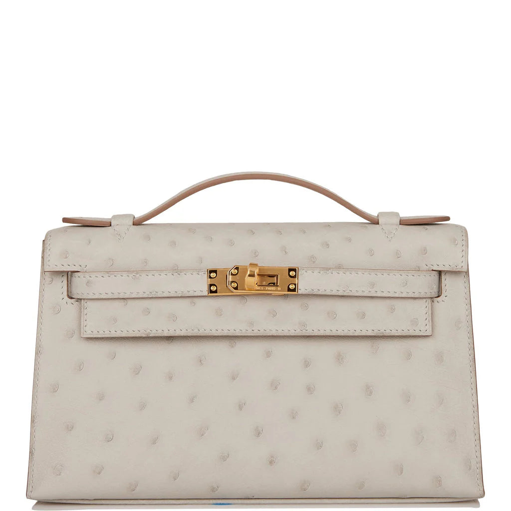 Kelly Pochette Gris Perle Ostrich Gold Hardware