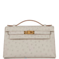 Kelly Pochette Gris Perle Ostrich Gold Hardware