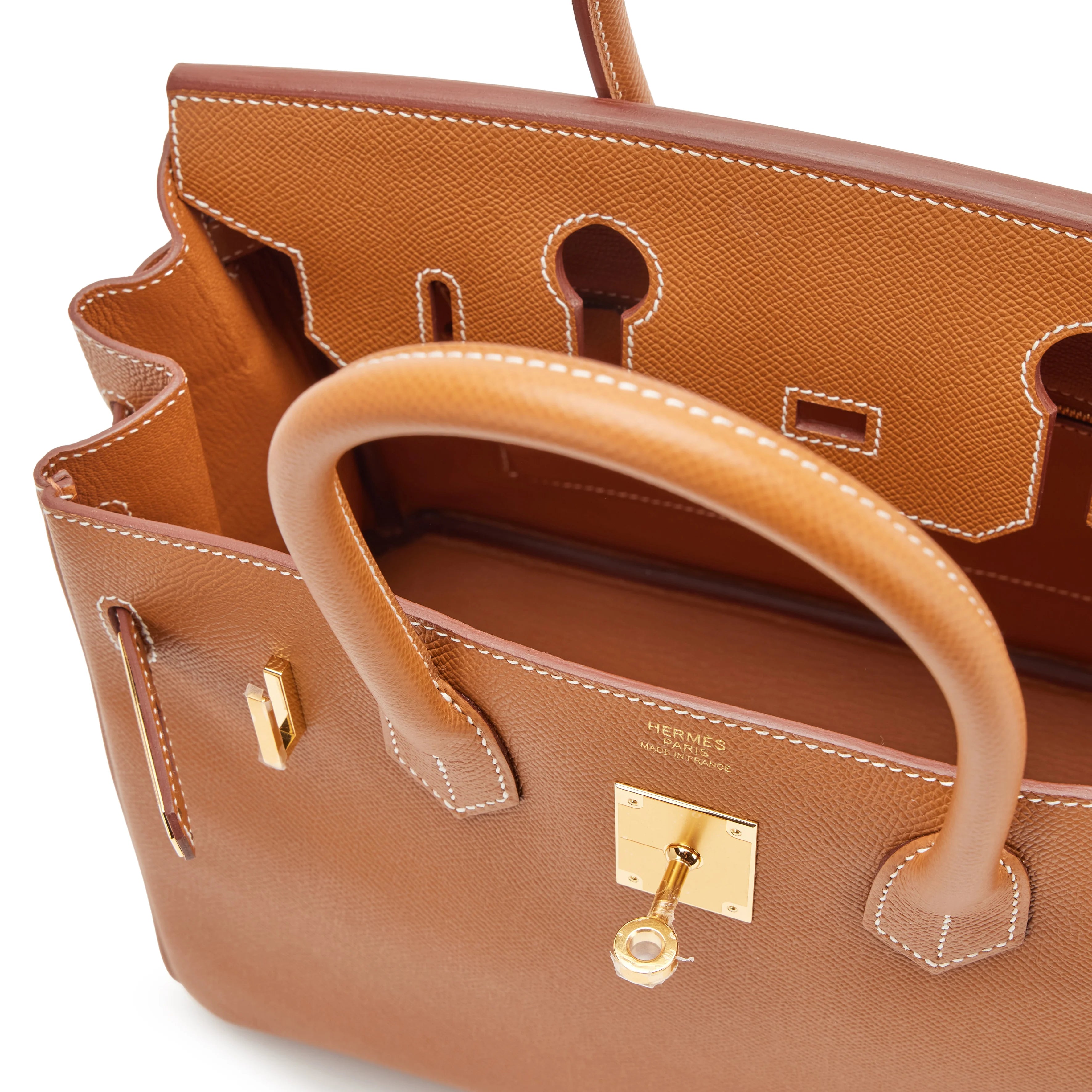 Birkin Sellier 25 Gold Epsom Leather Rolled Handles Gold Hardware Handbag