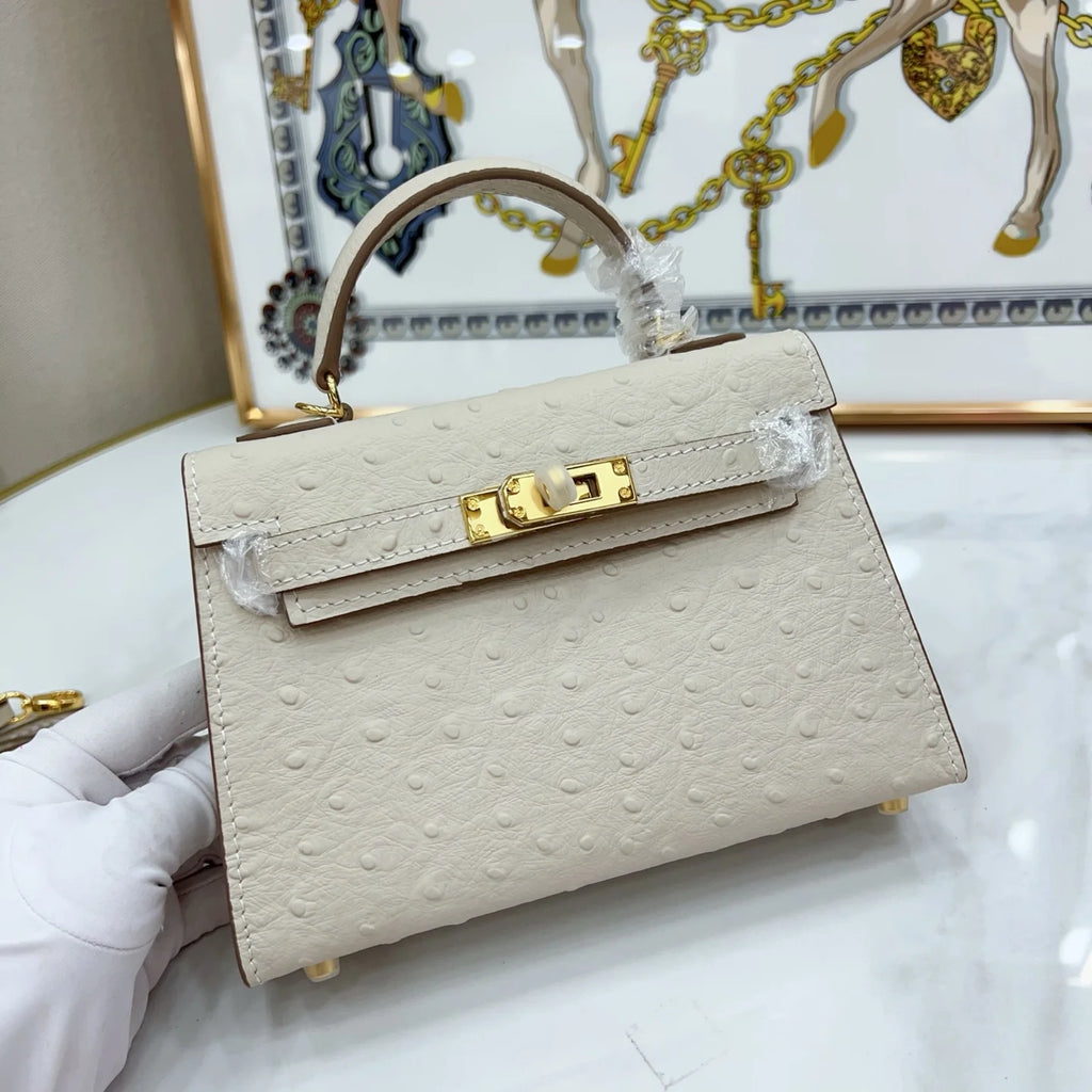 Kelly II Sellier Mini Beton Ostrich Gold Hardware