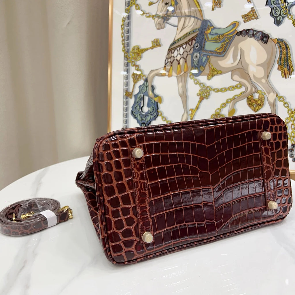 Birkin Bordeaux Shiny Porosus Crocodile Gold Hardware