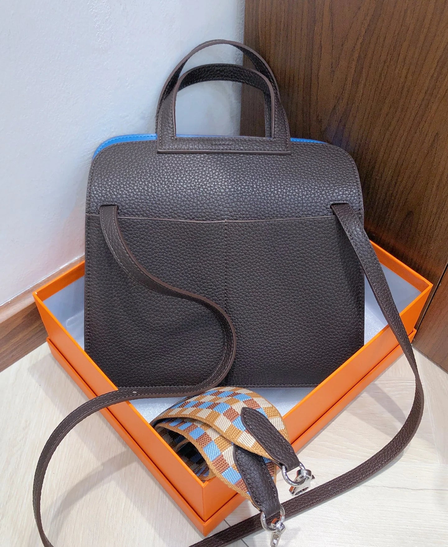 Halzan 25, original TC leather color-block design with silver hardware, ebony blue