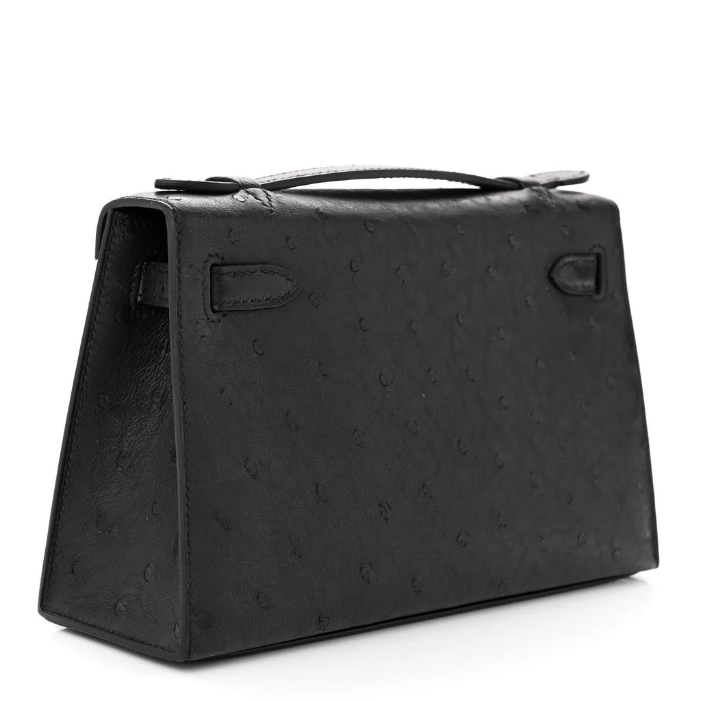 Kelly Pochette Black Ostrich Clutch Gold Hardware