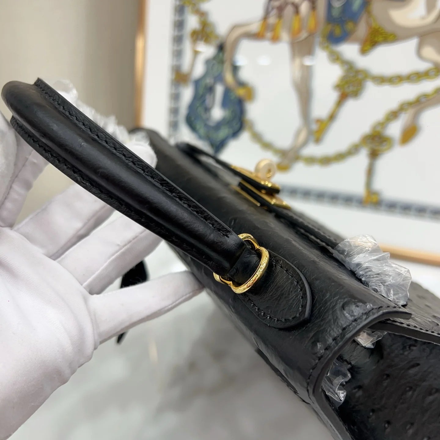 Kelly 25 Sellier Black Ostrich Gold Hardware