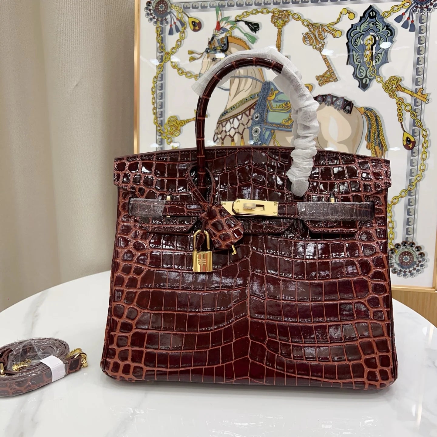 Birkin Bordeaux Shiny Porosus Crocodile Gold Hardware