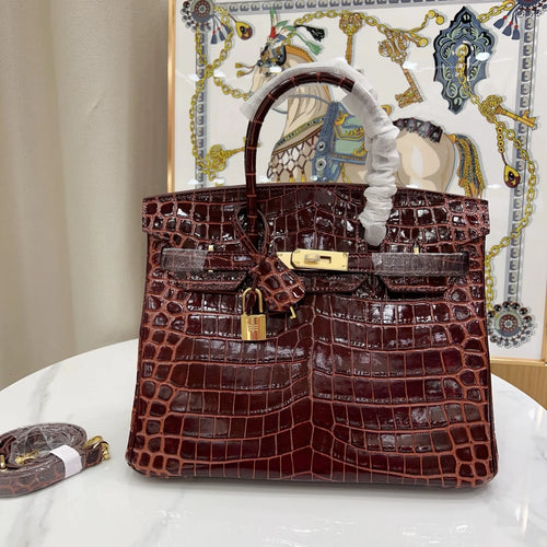 Birkin Bordeaux Shiny Porosus Crocodile Gold Hardware