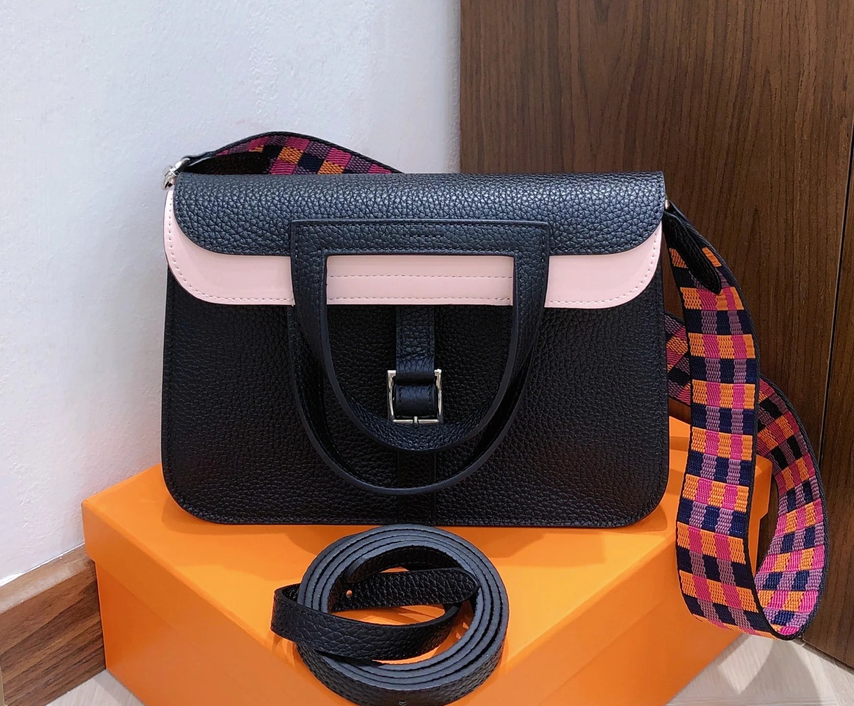 Halzan 25, original TC leather color-block design with silver hardware, black and dreamy purple