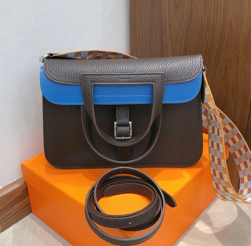 Halzan 25, original TC leather color-block design with silver hardware, ebony blue