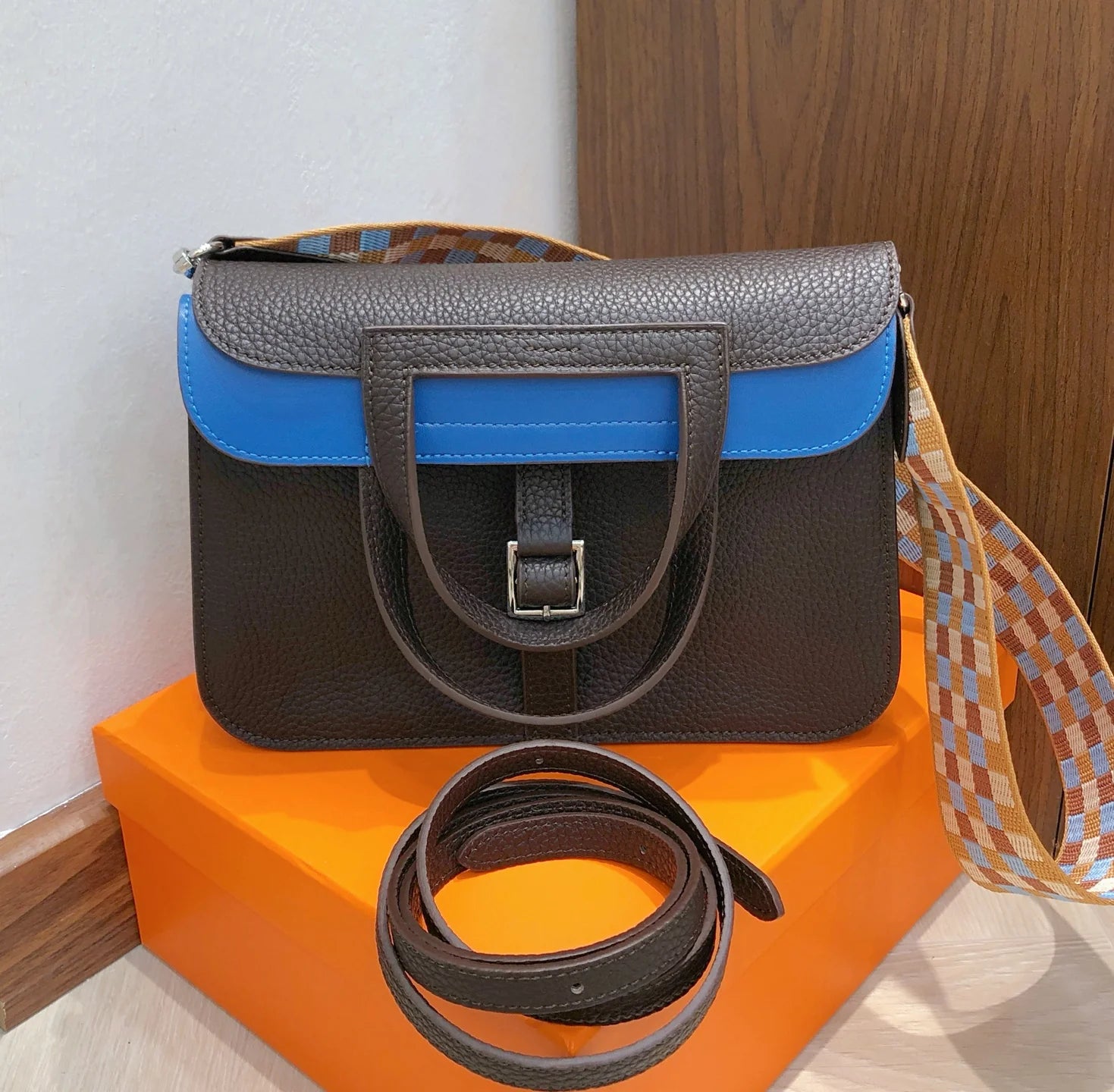 Halzan 25, original TC leather color-block design with silver hardware, ebony blue