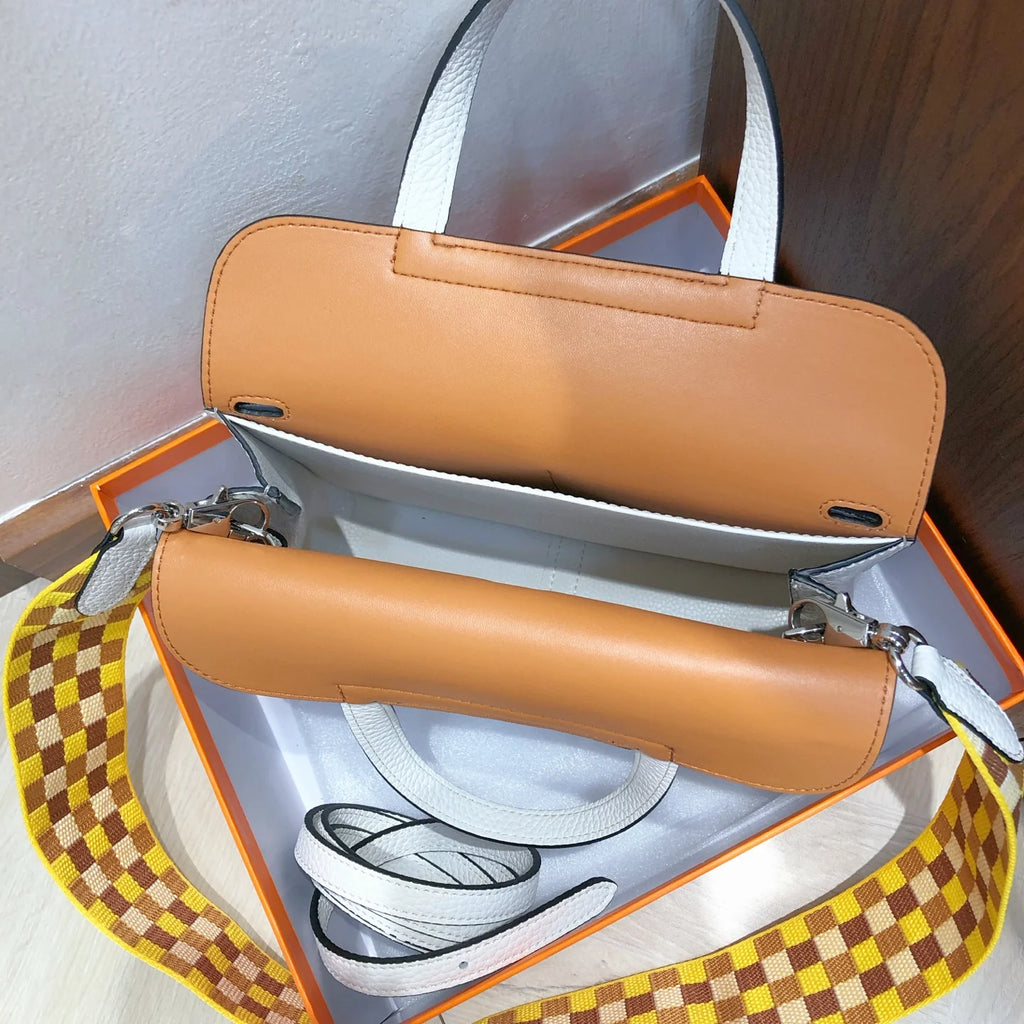 Halzan 25, original TC leather color-block design with silver hardware, crescent white and cookie color
