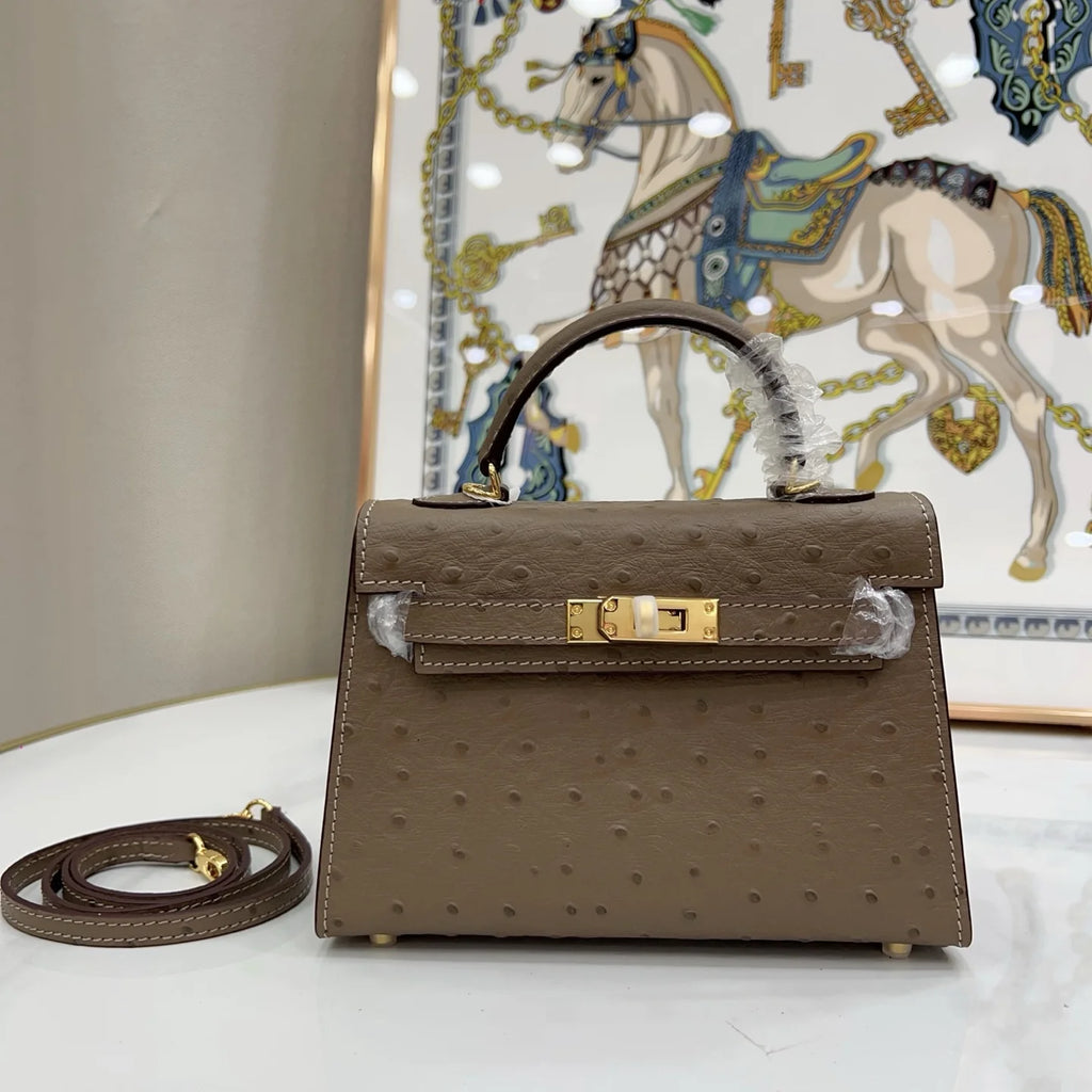 Kelly II Mini Gris Tourterelle Ostrich Gold Hardware