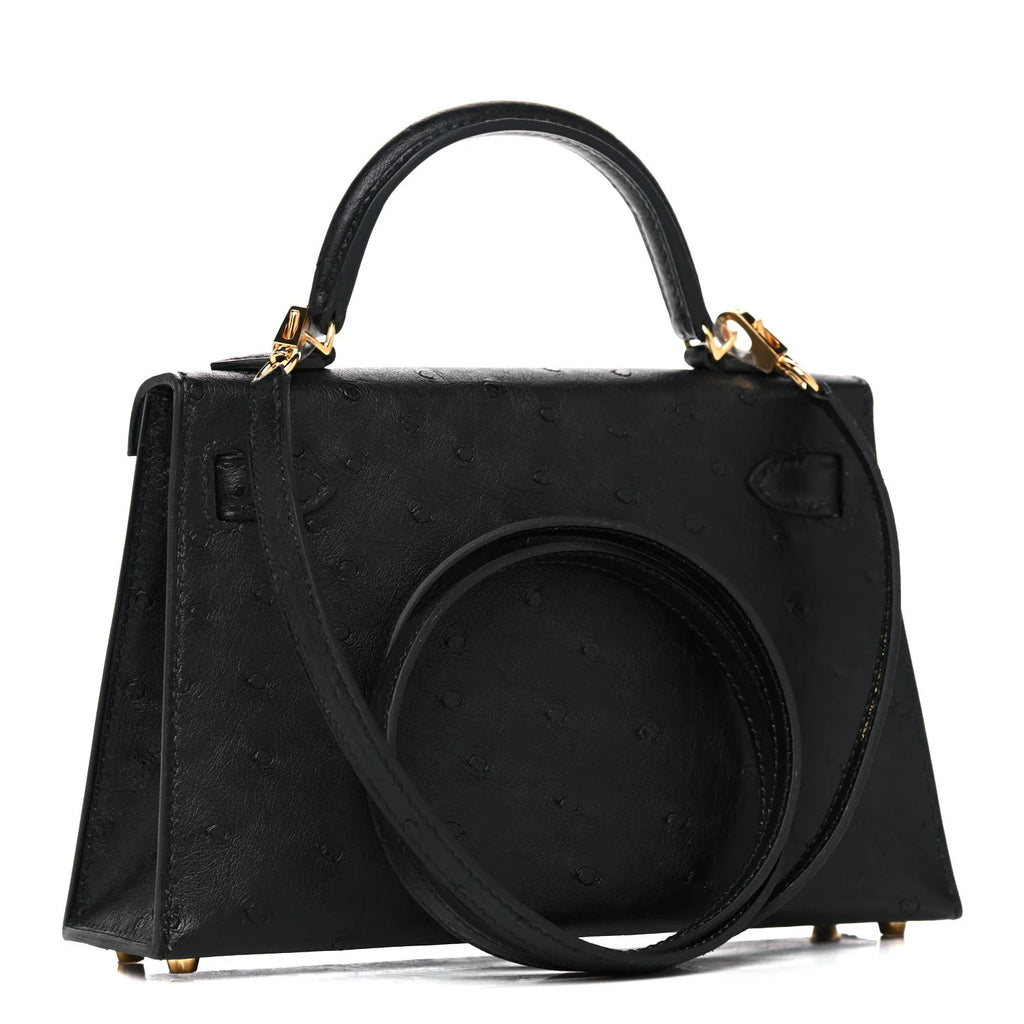 Kelly Sellier Mini 20 Black Ostrich Gold Hardware
