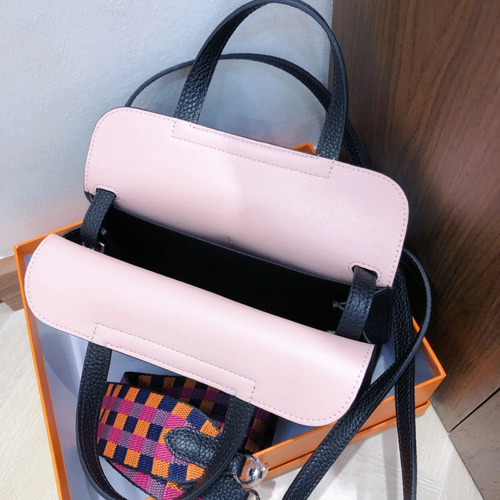 Halzan 25, original TC leather color-block design with silver hardware, black and dreamy purple