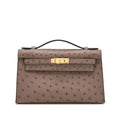 Kelly Pochette in Ostrich Leather with Gold Hardware Gris Tourterelle