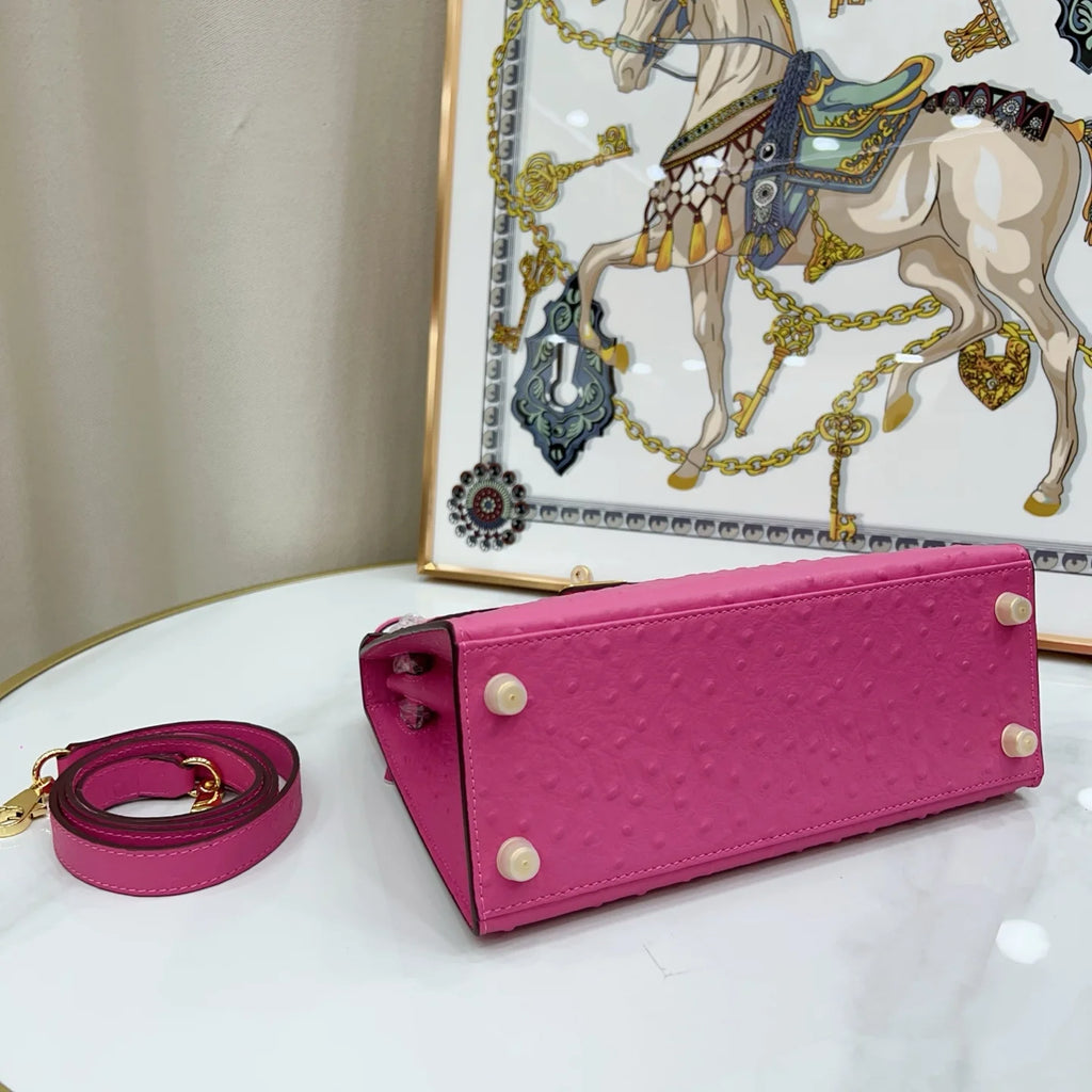 Kelly Sellier 25 Rose Pourpre and Gris Agate Ostrich Brushed Gold Hardware