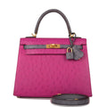 Kelly Sellier 25 Rose Pourpre and Gris Agate Ostrich Brushed Gold Hardware