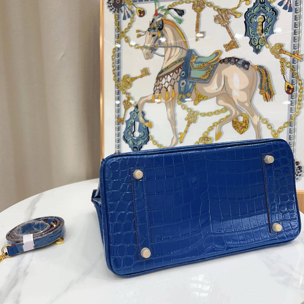 Birkin Blue Croc Embossement Leather Handbags Metal Lock Satchel Bag