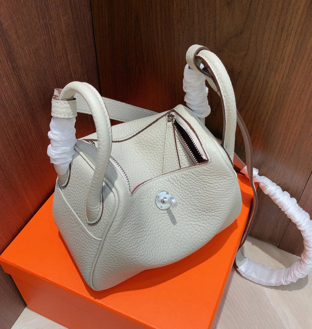 small size Lindy bag, original top-grain TC cowhide leather with silver hardware, pearl grey and cherry blossom pink