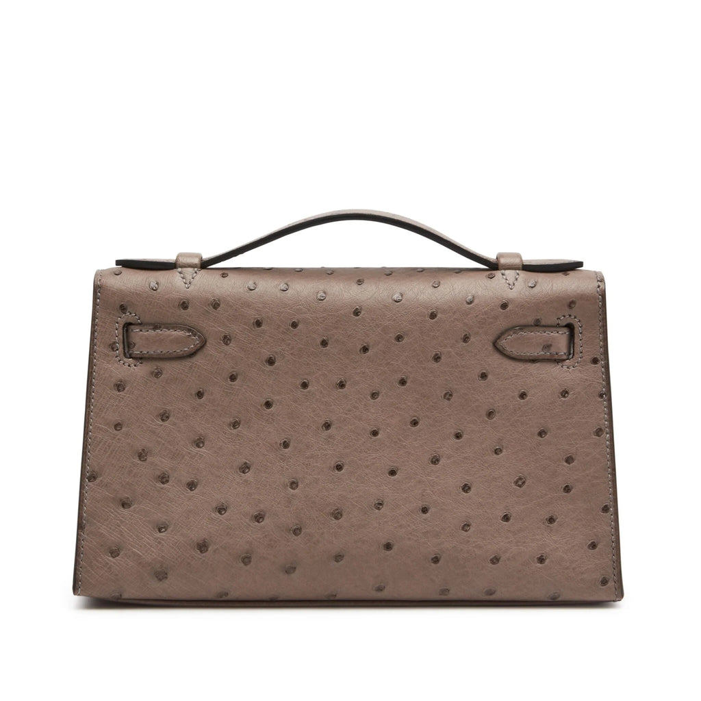 Kelly Pochette in Ostrich Leather with Gold Hardware Gris Tourterelle
